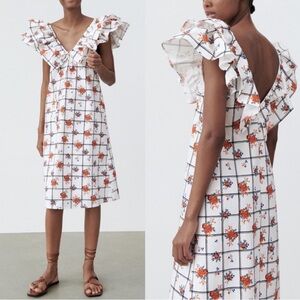 Zara Floral Plaid Ruffle A-Line Midi Dress Sz M